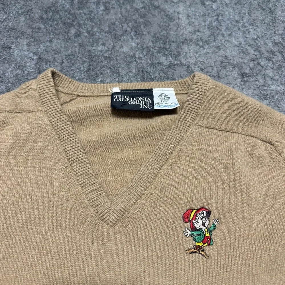 Vintage 80s 90s Made in U.K. Keebler Elf Pure Wool V Neck Sweater Tan Promo XL